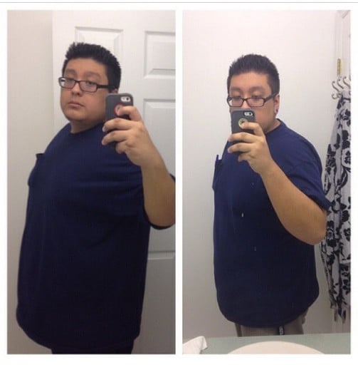 A before and after photo of a 6'0" male showing a weight reduction from 293 pounds to 268 pounds. A respectable loss of 25 pounds.