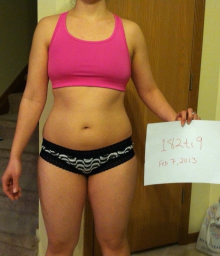 A progress pic of a 5'5" woman showing a snapshot of 142 pounds at a height of 5'5