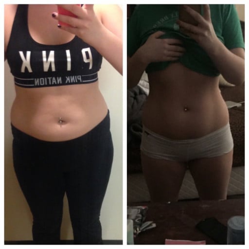 A progress pic of a 5'7" woman showing a fat loss from 195 pounds to 182 pounds. A total loss of 13 pounds.