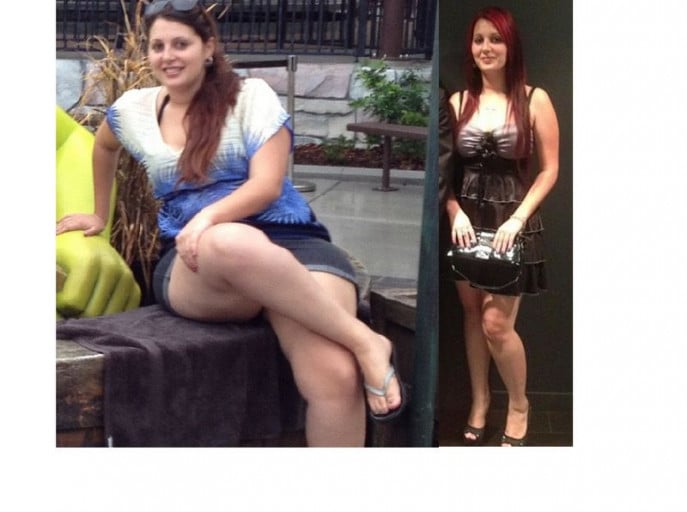 A before and after photo of a 5'5" female showing a weight reduction from 202 pounds to 158 pounds. A respectable loss of 44 pounds.