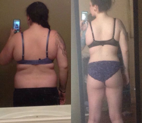 A before and after photo of a 5'6" female showing a weight loss from 217 pounds to 177 pounds. A net loss of 40 pounds.