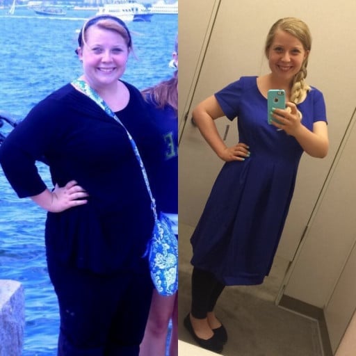 A before and after photo of a 5'4" female showing a weight reduction from 238 pounds to 175 pounds. A net loss of 63 pounds.