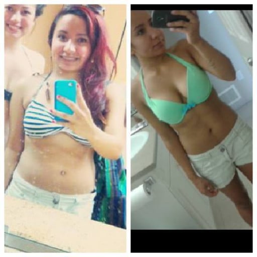 A before and after photo of a 4'10" female showing a weight reduction from 120 pounds to 105 pounds. A total loss of 15 pounds.