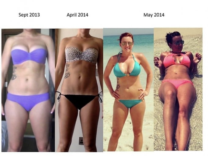 A picture of a 5'10" female showing a weight loss from 175 pounds to 150 pounds. A total loss of 25 pounds.