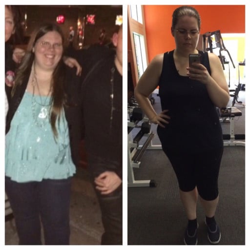 A picture of a 5'7" female showing a weight loss from 290 pounds to 210 pounds. A total loss of 80 pounds.