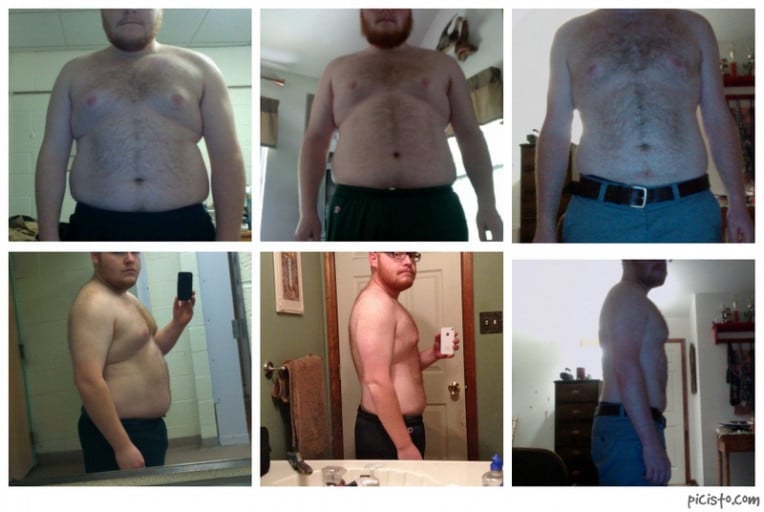 A progress pic of a 5'9" man showing a fat loss from 265 pounds to 185 pounds. A total loss of 80 pounds.