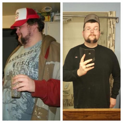 A before and after photo of a 6'5" male showing a fat loss from 420 pounds to 320 pounds. A respectable loss of 100 pounds.