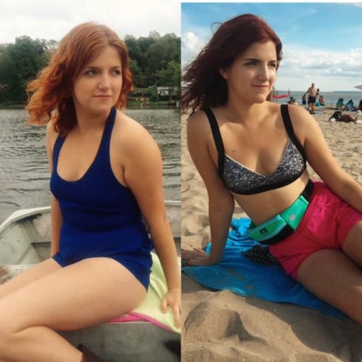 A before and after photo of a 5'9" female showing a weight reduction from 161 pounds to 142 pounds. A net loss of 19 pounds.