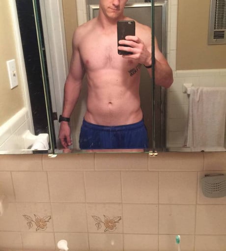 A picture of a 6'3" male showing a fat loss from 230 pounds to 210 pounds. A net loss of 20 pounds.