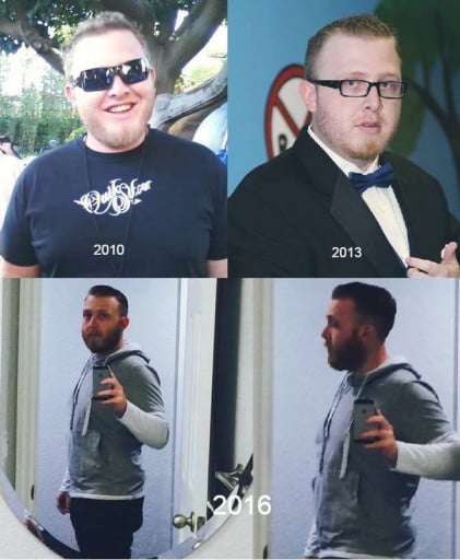 A picture of a 5'8" male showing a weight loss from 265 pounds to 195 pounds. A net loss of 70 pounds.