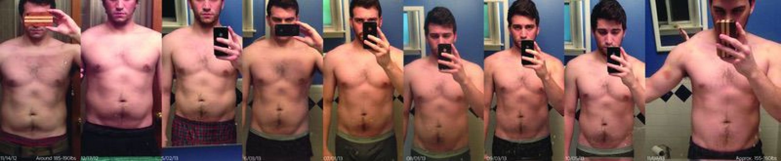 A progress pic of a 5'7" man showing a fat loss from 190 pounds to 160 pounds. A respectable loss of 30 pounds.