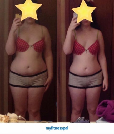 A before and after photo of a 5'7" female showing a weight reduction from 200 pounds to 170 pounds. A net loss of 30 pounds.