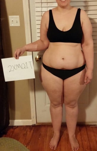 A before and after photo of a 5'8" female showing a snapshot of 227 pounds at a height of 5'8