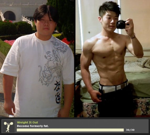 A before and after photo of a 5'6" male showing a weight reduction from 204 pounds to 138 pounds. A net loss of 66 pounds.