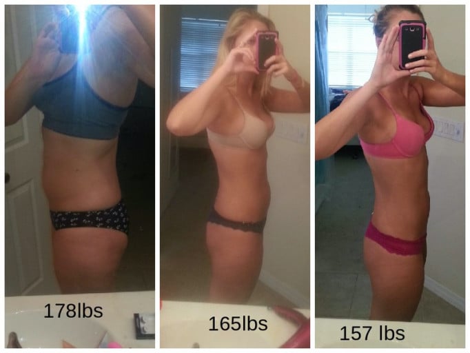 A progress pic of a 5'11" woman showing a weight cut from 178 pounds to 157 pounds. A net loss of 21 pounds.