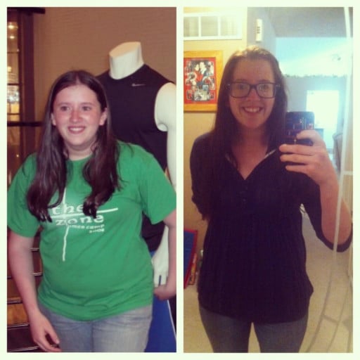A progress pic of a 5'3" woman showing a fat loss from 165 pounds to 125 pounds. A total loss of 40 pounds.