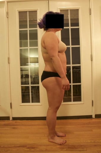 A progress pic of a 5'2" woman showing a snapshot of 161 pounds at a height of 5'2