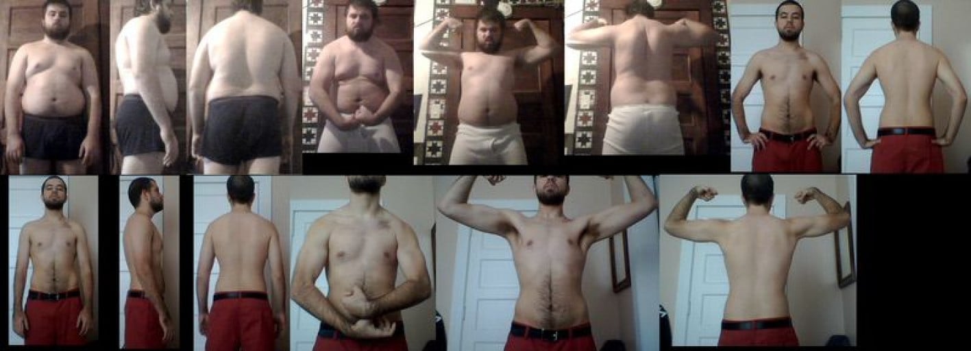 A progress pic of a 6'1" man showing a fat loss from 280 pounds to 180 pounds. A respectable loss of 100 pounds.