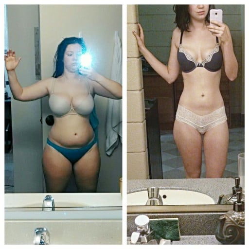 A picture of a 5'6" female showing a weight loss from 184 pounds to 118 pounds. A total loss of 66 pounds.