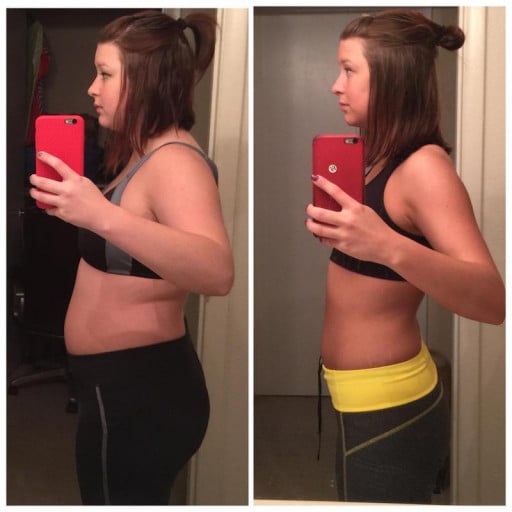 A picture of a 5'4" female showing a fat loss from 164 pounds to 125 pounds. A total loss of 39 pounds.