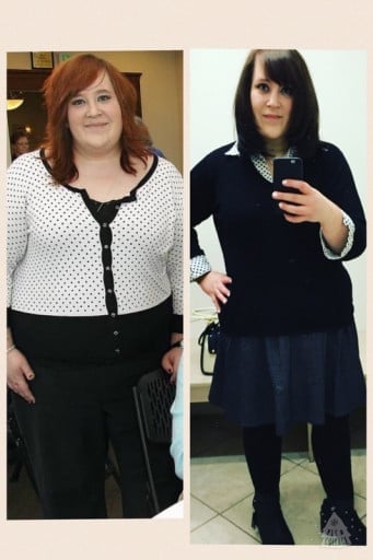 A picture of a 5'7" female showing a weight loss from 334 pounds to 229 pounds. A respectable loss of 105 pounds.