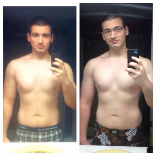 A before and after photo of a 6'2" male showing a muscle gain from 212 pounds to 223 pounds. A net gain of 11 pounds.