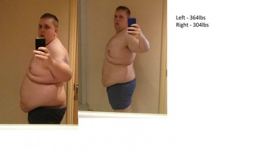 A photo of a 5'11" man showing a weight loss from 364 pounds to 306 pounds. A respectable loss of 58 pounds.