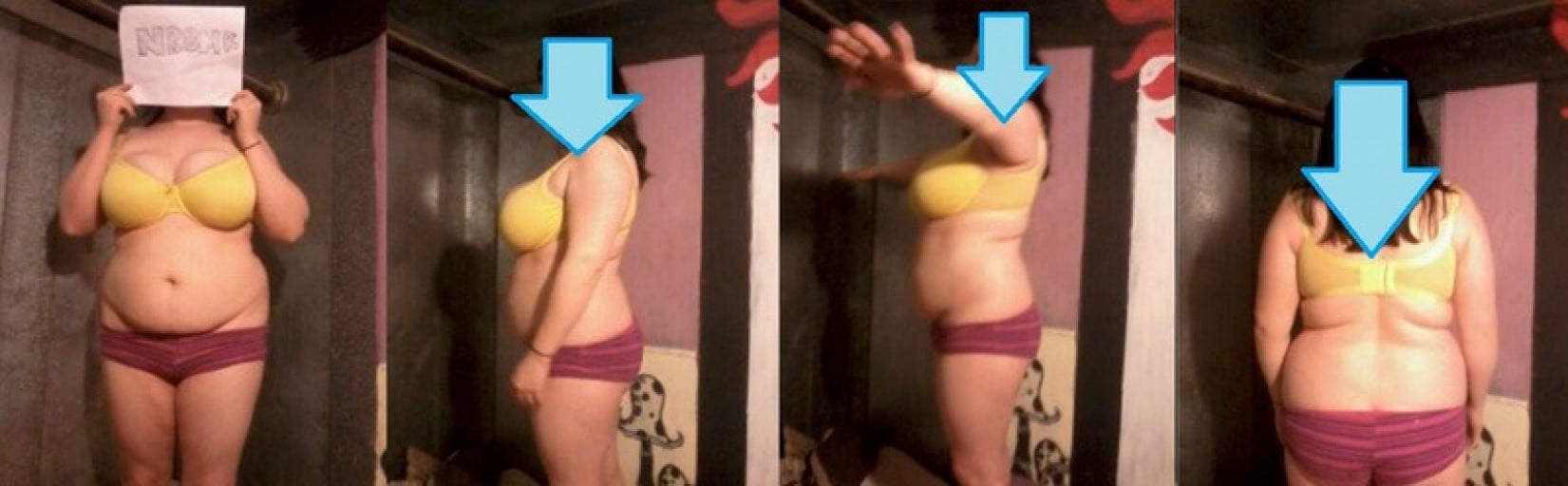A before and after photo of a 5'5" female showing a snapshot of 201 pounds at a height of 5'5