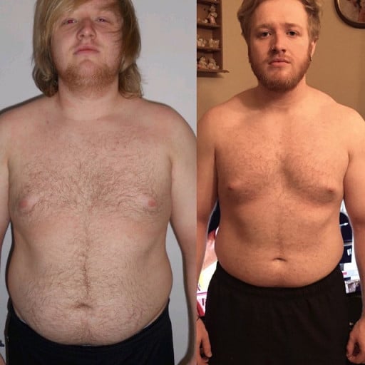 A photo of a 5'10" man showing a weight cut from 252 pounds to 220 pounds. A net loss of 32 pounds.