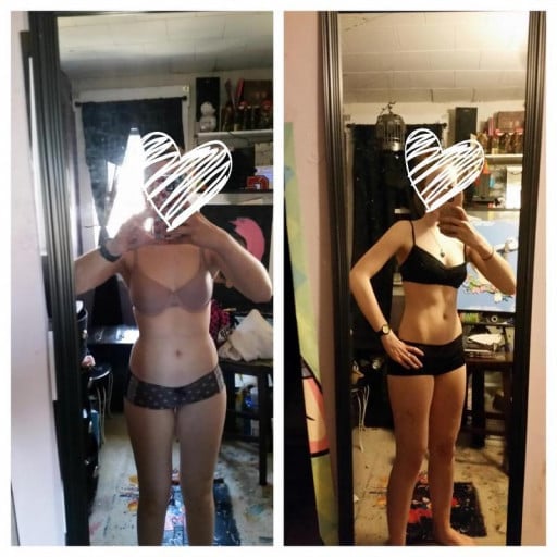 A progress pic of a 5'2" woman showing a fat loss from 127 pounds to 122 pounds. A total loss of 5 pounds.