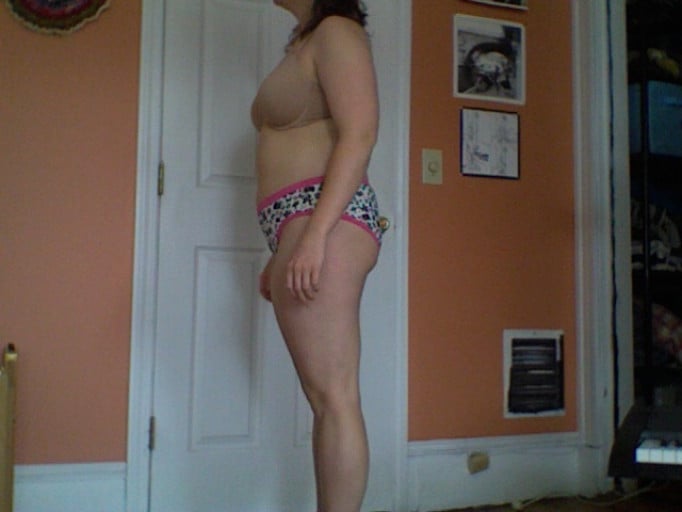 A progress pic of a 5'4" woman showing a snapshot of 166 pounds at a height of 5'4