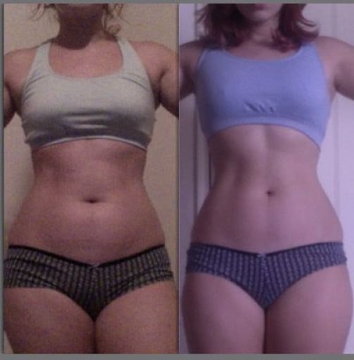 A before and after photo of a 5'2" female showing a weight cut from 130 pounds to 125 pounds. A respectable loss of 5 pounds.