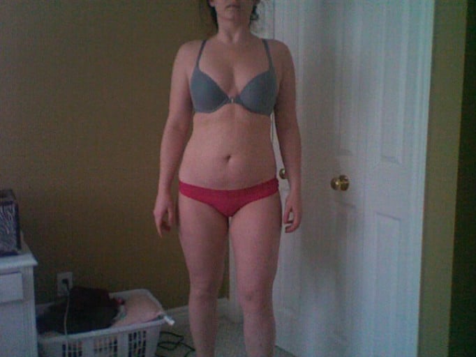A before and after photo of a 5'8" female showing a snapshot of 180 pounds at a height of 5'8