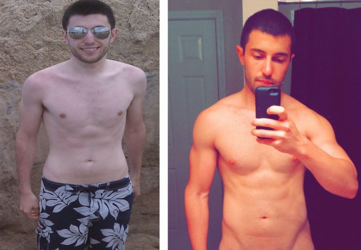 A before and after photo of a 5'11" male showing a muscle gain from 160 pounds to 180 pounds. A respectable gain of 20 pounds.