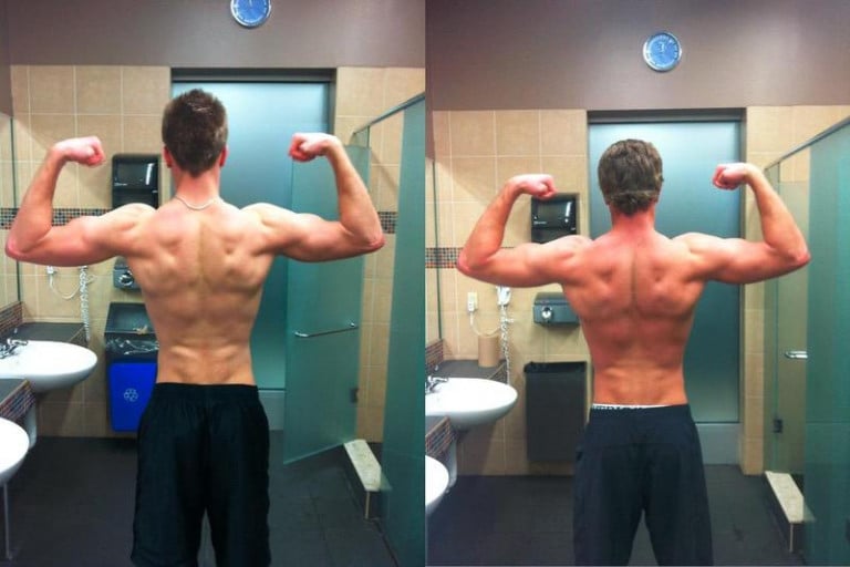 A progress pic of a 6'4" man showing a muscle gain from 175 pounds to 188 pounds. A net gain of 13 pounds.