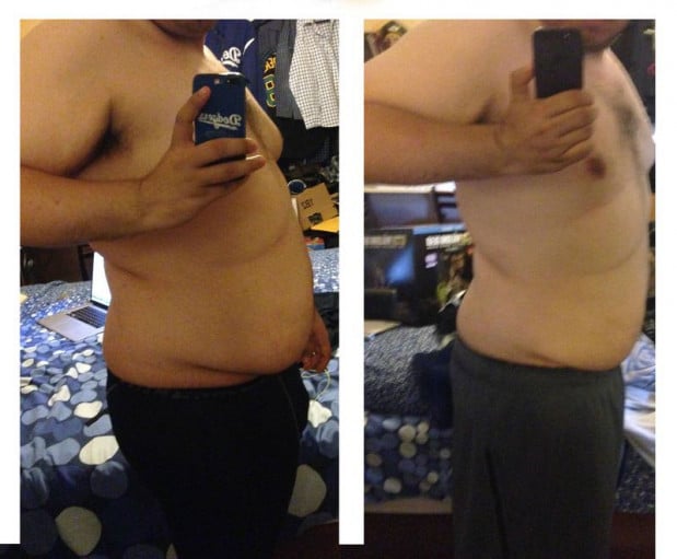 A before and after photo of a 5'8" male showing a weight reduction from 235 pounds to 215 pounds. A net loss of 20 pounds.