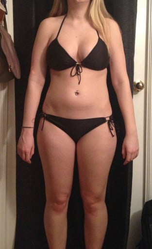 A photo of a 5'7" woman showing a snapshot of 148 pounds at a height of 5'7