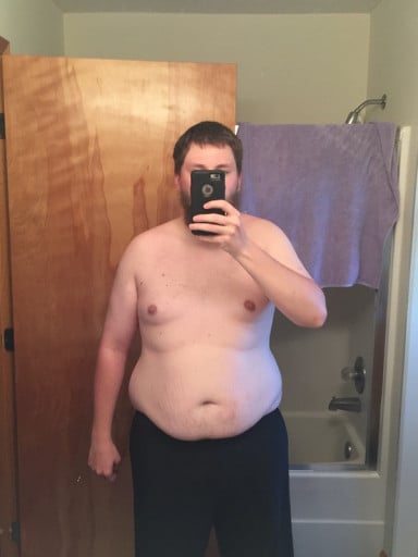 A photo of a 6'0" man showing a weight loss from 305 pounds to 249 pounds. A total loss of 56 pounds.