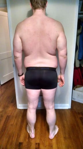 A before and after photo of a 6'2" male showing a snapshot of 250 pounds at a height of 6'2