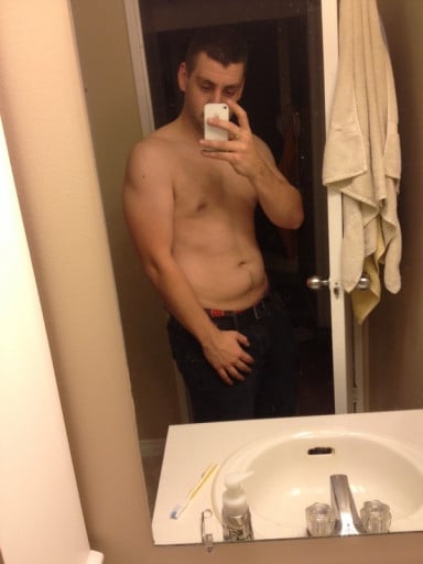 A before and after photo of a 5'11" male showing a weight loss from 225 pounds to 217 pounds. A total loss of 8 pounds.