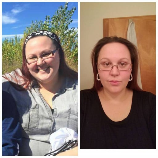 A before and after photo of a 5'8" female showing a weight reduction from 297 pounds to 241 pounds. A net loss of 56 pounds.
