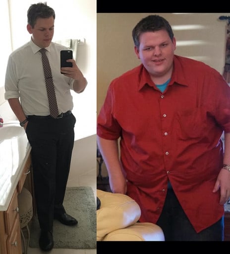 A photo of a 6'2" man showing a weight cut from 368 pounds to 255 pounds. A net loss of 113 pounds.