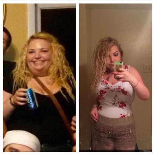 A progress pic of a 5'6" woman showing a fat loss from 275 pounds to 170 pounds. A net loss of 105 pounds.