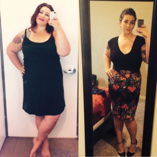 A picture of a 5'10" female showing a weight reduction from 293 pounds to 243 pounds. A net loss of 50 pounds.