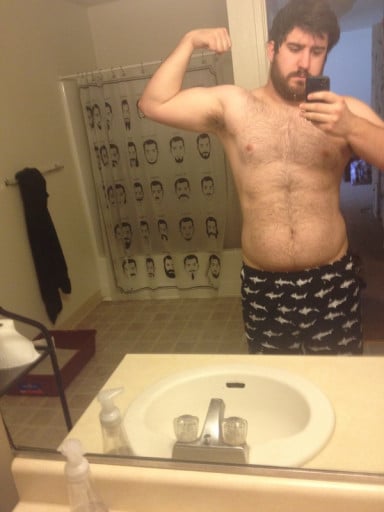 A before and after photo of a 6'0" male showing a weight loss from 230 pounds to 205 pounds. A respectable loss of 25 pounds.