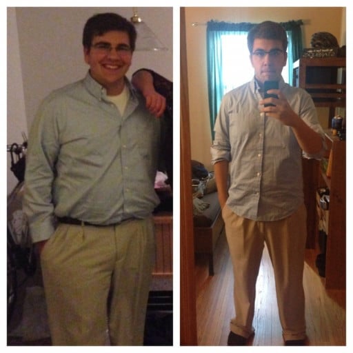 A before and after photo of a 5'10" male showing a weight reduction from 250 pounds to 200 pounds. A net loss of 50 pounds.