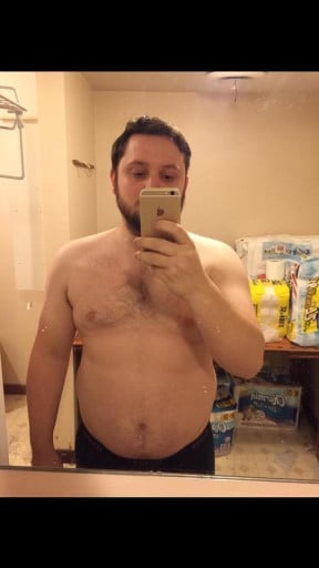 A photo of a 5'6" man showing a weight loss from 218 pounds to 161 pounds. A net loss of 57 pounds.