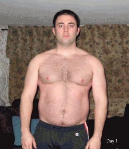 A photo of a 6'0" man showing a weight cut from 227 pounds to 180 pounds. A net loss of 47 pounds.