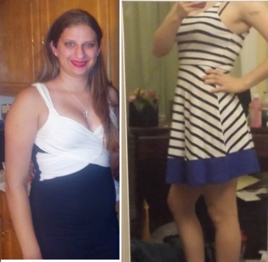 A progress pic of a 5'7" woman showing a fat loss from 190 pounds to 145 pounds. A net loss of 45 pounds.