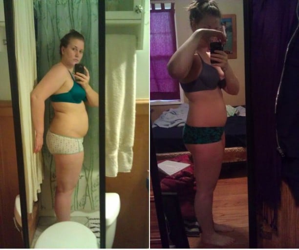 A picture of a 5'6" female showing a weight reduction from 194 pounds to 175 pounds. A net loss of 19 pounds.